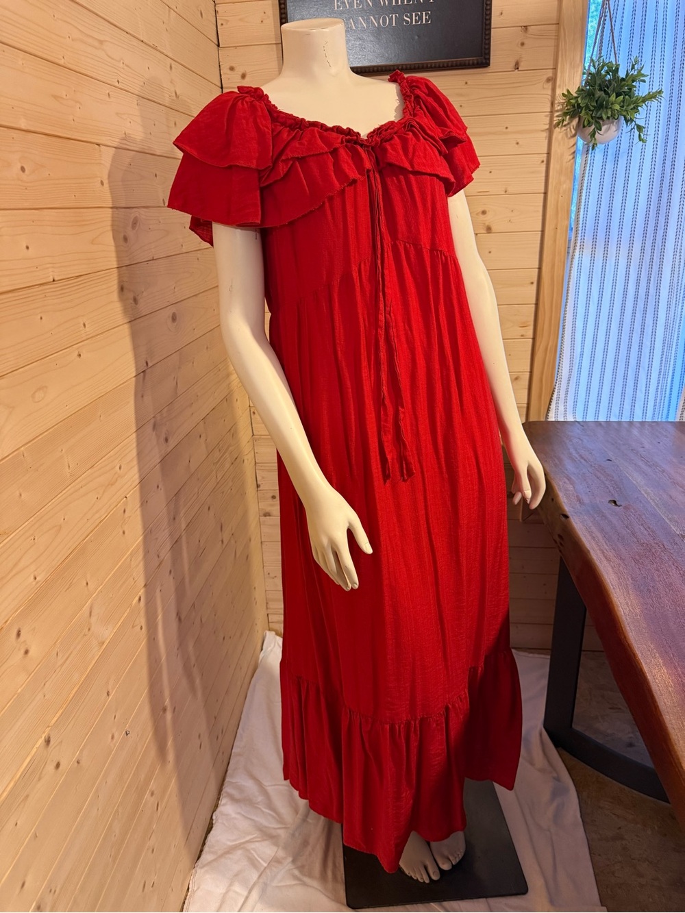 Red Ruffled Off-Shoulder Maxi Dress